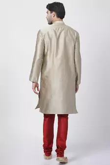 Beige Plain Blended Cotton Kurta-Pajama