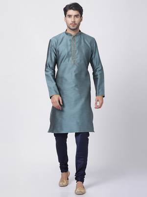Blue Plain Blended Cotton Kurta Pajama 1