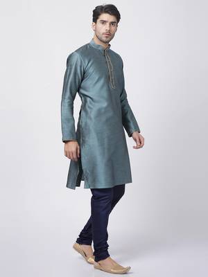 Blue Plain Blended Cotton Kurta Pajama 2