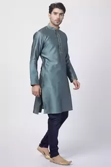 Blue Plain Blended Cotton Kurta Pajama