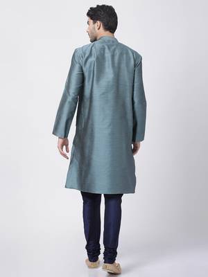 Blue Plain Blended Cotton Kurta Pajama 4