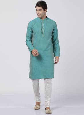 Green Plain Blended Cotton Kurta-Pajama 1