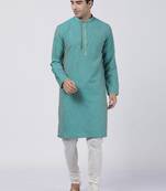 Green Plain Blended Cotton Kurta-Pajama