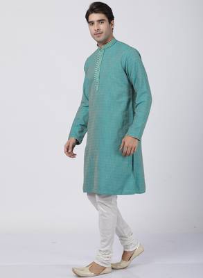 Green Plain Blended Cotton Kurta-Pajama 2