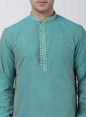 Green Plain Blended Cotton Kurta-Pajama 3