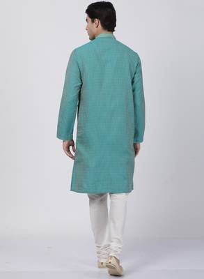 Green Plain Blended Cotton Kurta-Pajama 4