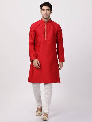 Red Plain Blended Cotton Kurta Pajama 1