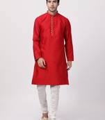 Red Plain Blended Cotton Kurta Pajama