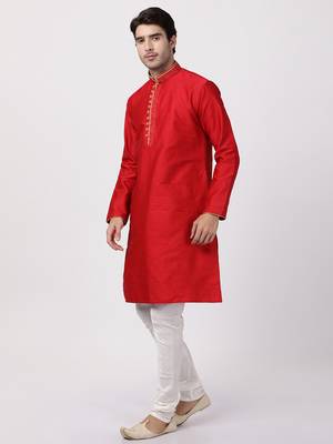 Red Plain Blended Cotton Kurta Pajama 2