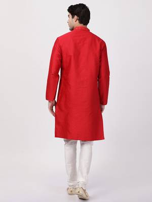 Red Plain Blended Cotton Kurta Pajama 4