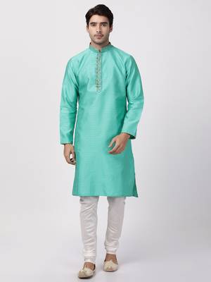 Green Plain Blended Cotton Kurta Pajama 1
