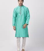 Green Plain Blended Cotton Kurta Pajama