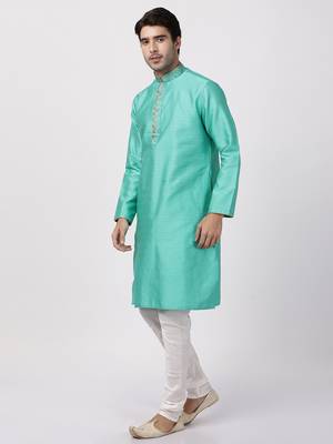 Green Plain Blended Cotton Kurta Pajama 2