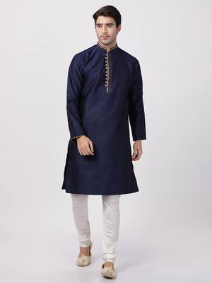 Blue Plain Blended Cotton Kurta Pajama 1