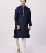 Blue Plain Blended Cotton Kurta Pajama