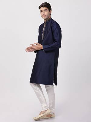 Blue Plain Blended Cotton Kurta Pajama 2