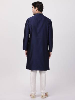 Blue Plain Blended Cotton Kurta Pajama 4