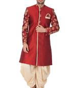 Maroon Plain Silk Blend Sherwani