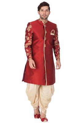 Maroon Plain Silk Blend Sherwani 2