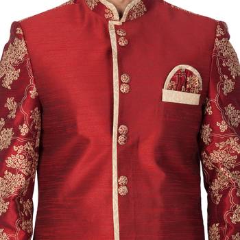 Maroon Plain Silk Blend Sherwani 3
