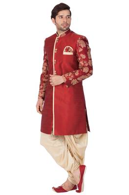 Maroon Plain Silk Blend Sherwani 4