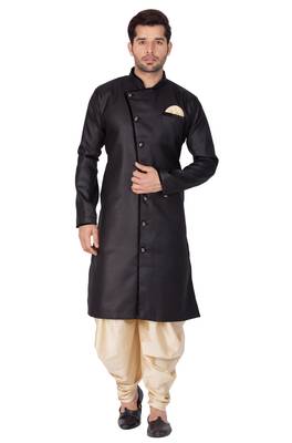 Black Plain Blended Cotton Sherwani 1