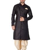 Black Plain Blended Cotton Sherwani