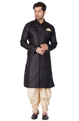 Black Plain Blended Cotton Sherwani 2