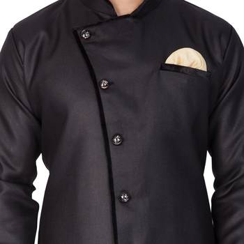 Black Plain Blended Cotton Sherwani 3