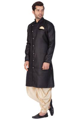 Black Plain Blended Cotton Sherwani 4