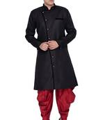 Black Plain Blended Cotton Sherwani