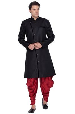 Black Plain Blended Cotton Sherwani 5