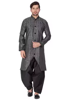 Men'S Grey Silk Blend Sherwani Set