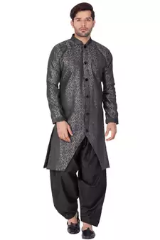 Men'S Grey Silk Blend Sherwani Set