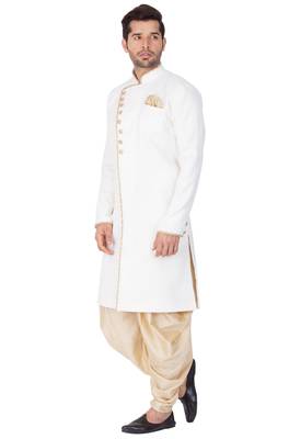 White Plain Blended Cotton Sherwani 4