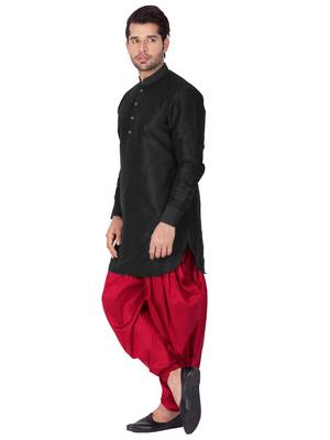 Black Plain Cotton Silk Dhoti-Kurta 3