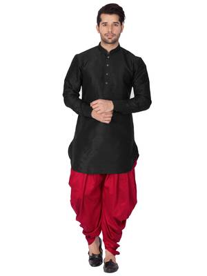 Black Plain Cotton Silk Dhoti-Kurta 5