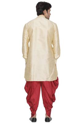 Gold Plain Blended Cotton Dhoti-Kurta 4