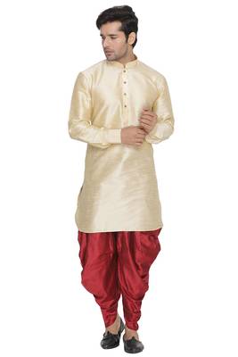 Gold Plain Blended Cotton Dhoti-Kurta 5