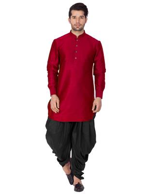 Maroon Plain Cotton Silk Dhoti Kurta 5