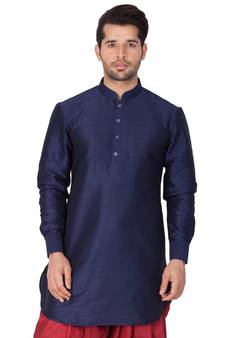 Blue Plain Cotton Silk Men-Kurtas