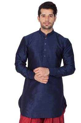 Blue Plain Cotton Silk Men-Kurtas 2