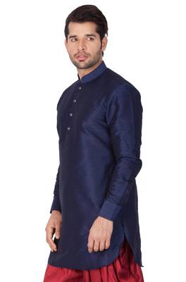 Blue Plain Cotton Silk Men-Kurtas 3