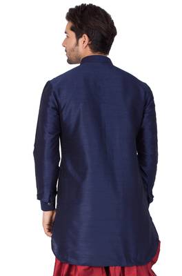 Blue Plain Cotton Silk Men-Kurtas 4