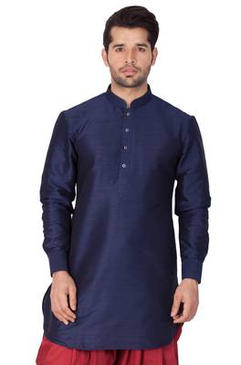 Blue Plain Cotton Silk Men-Kurtas 5