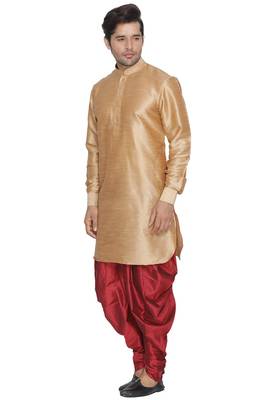 Gold Plain Blended Cotton Dhoti-Kurta 2