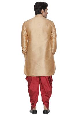 Gold Plain Blended Cotton Dhoti-Kurta 4