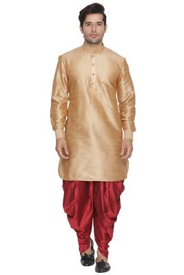 Gold Plain Blended Cotton Dhoti-Kurta 5
