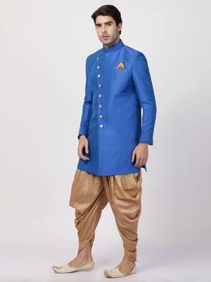 Blue Plain Blended Cotton Sherwani 2
