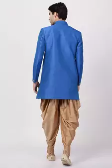 Blue Plain Blended Cotton Sherwani